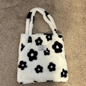 Fuzzy black and white flower bag
